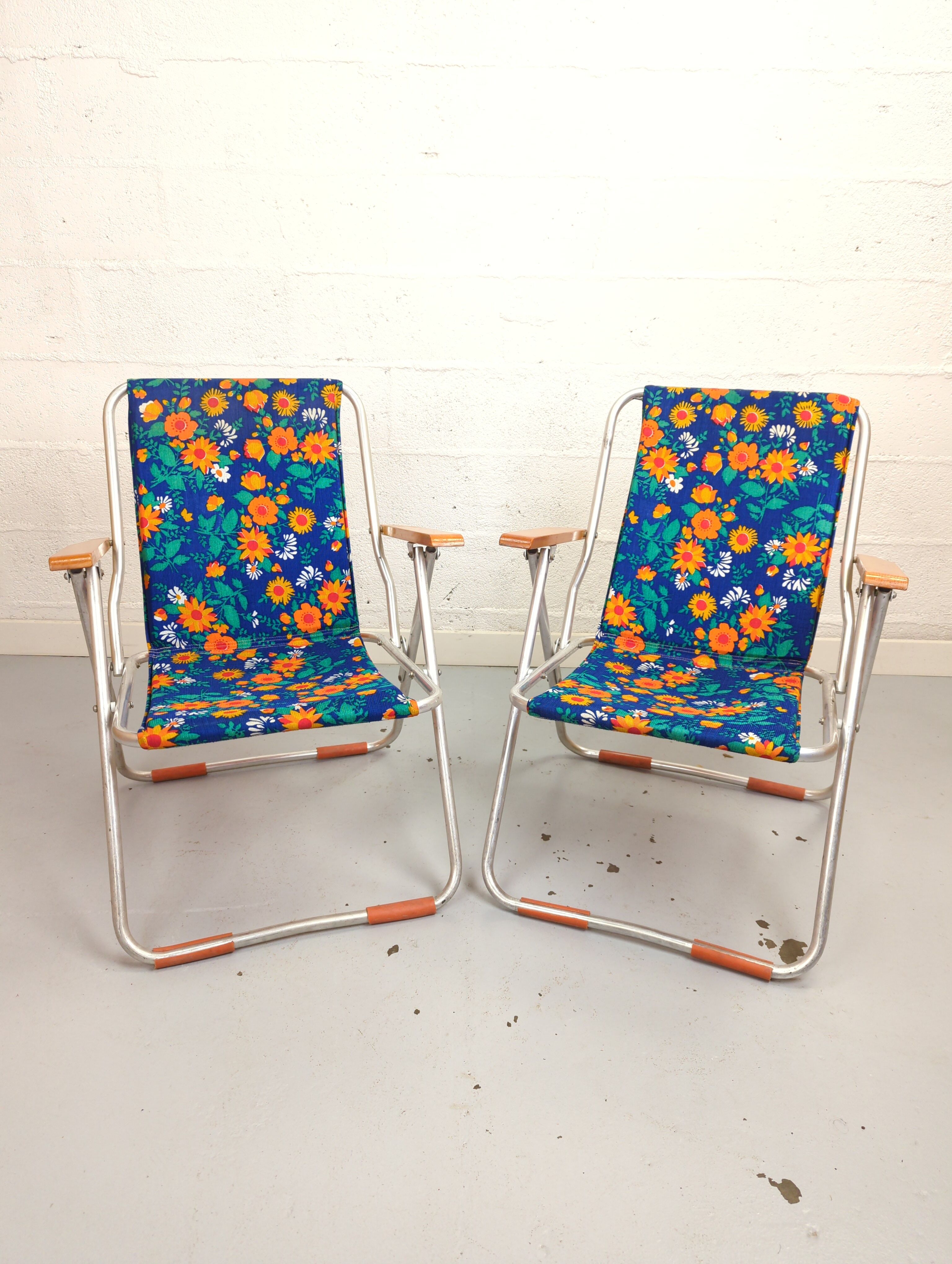 Pair of folding armchairs vintage camping Pouch DDR flowery