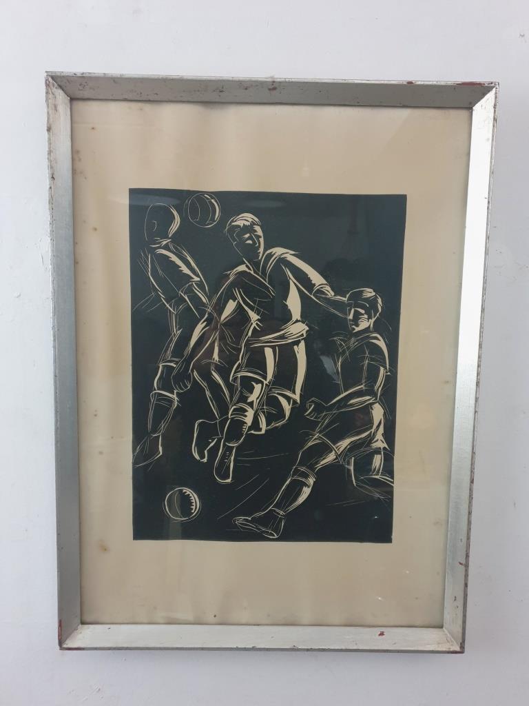 Linocut foot ball - art deco painting - vintage sport