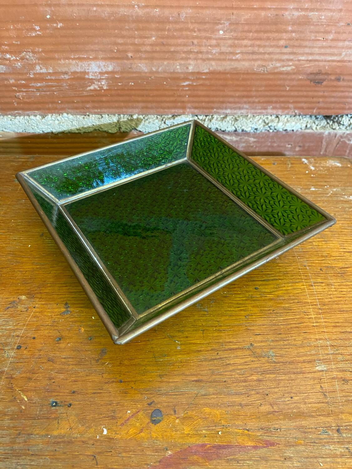 Bowl antique molded glass green + brass vintage