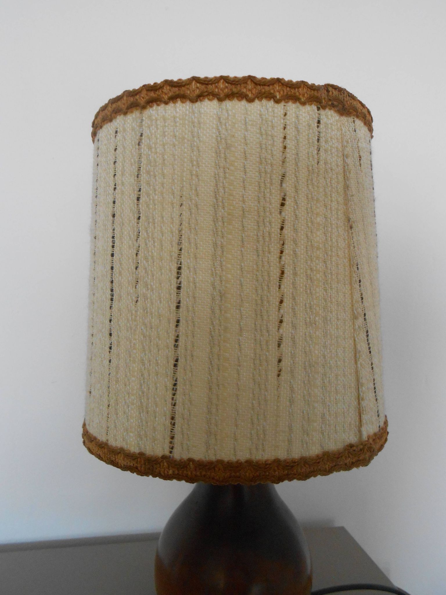 Carved wood lamp and wool yarn lampshade