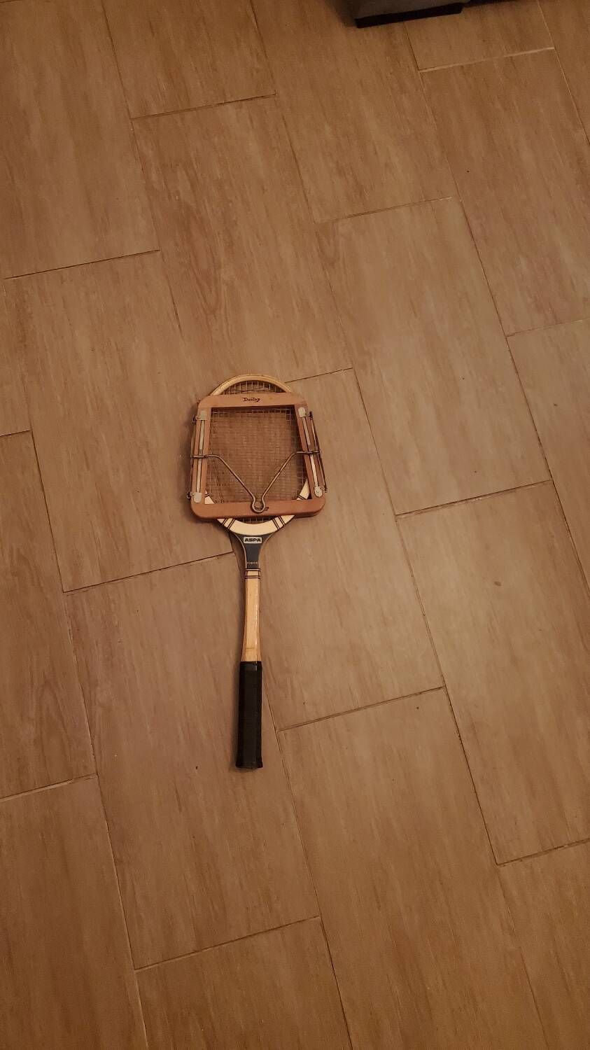 Rare vintage Babolat Aspa wooden tennis racket and vintage Dunlop frame