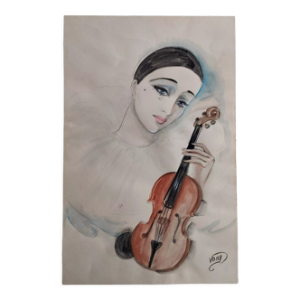 "Colombine au violon" original watercolor on Canson paper signed Vony ( 1925-1986 )