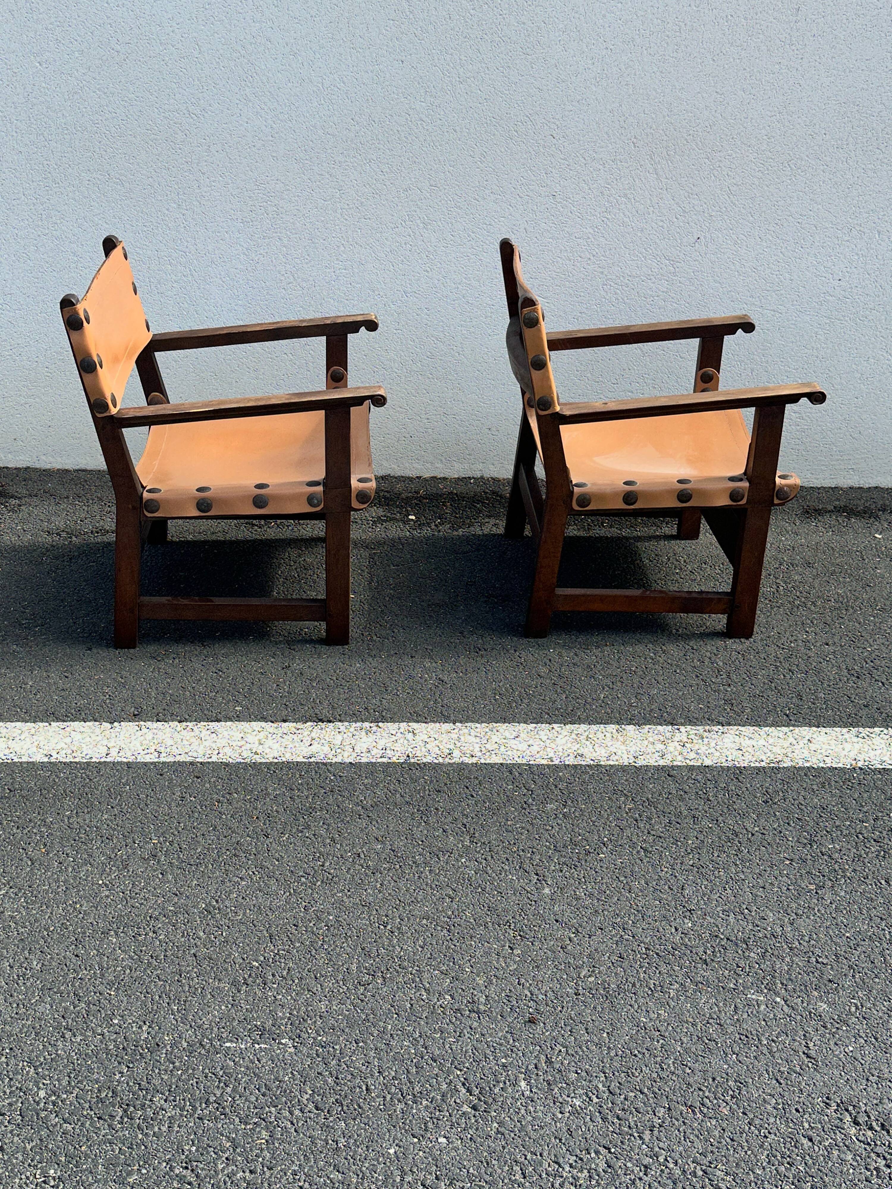 Brutalist armchair in wood and leather 60s