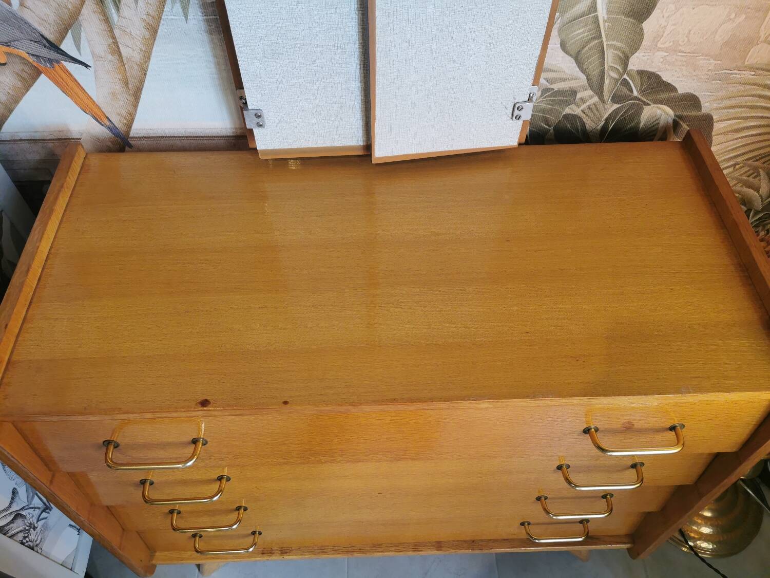 Vintage chest of drawers with compass legs and triptych mirror