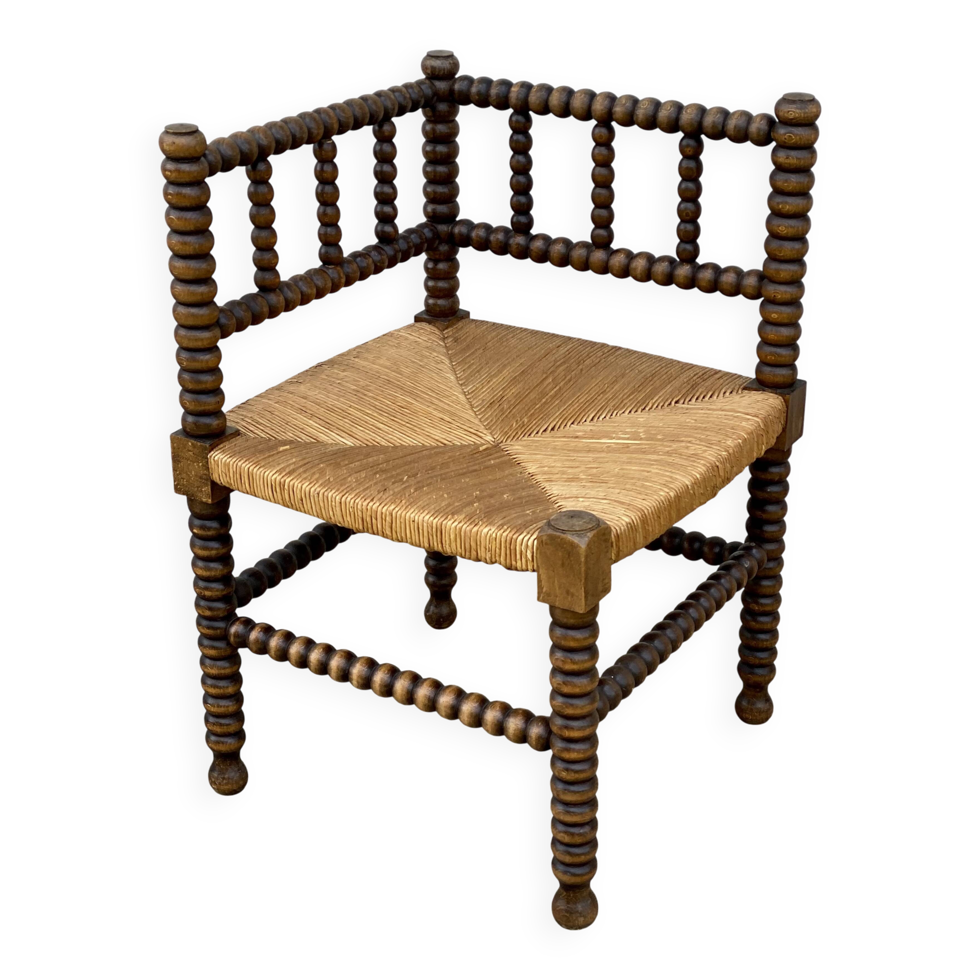 Art Deco turned wood straw corner armchair