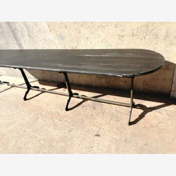 Table de bistrot 4 pieds fonte art deco vert bronze, plateau  patine blanc/noire