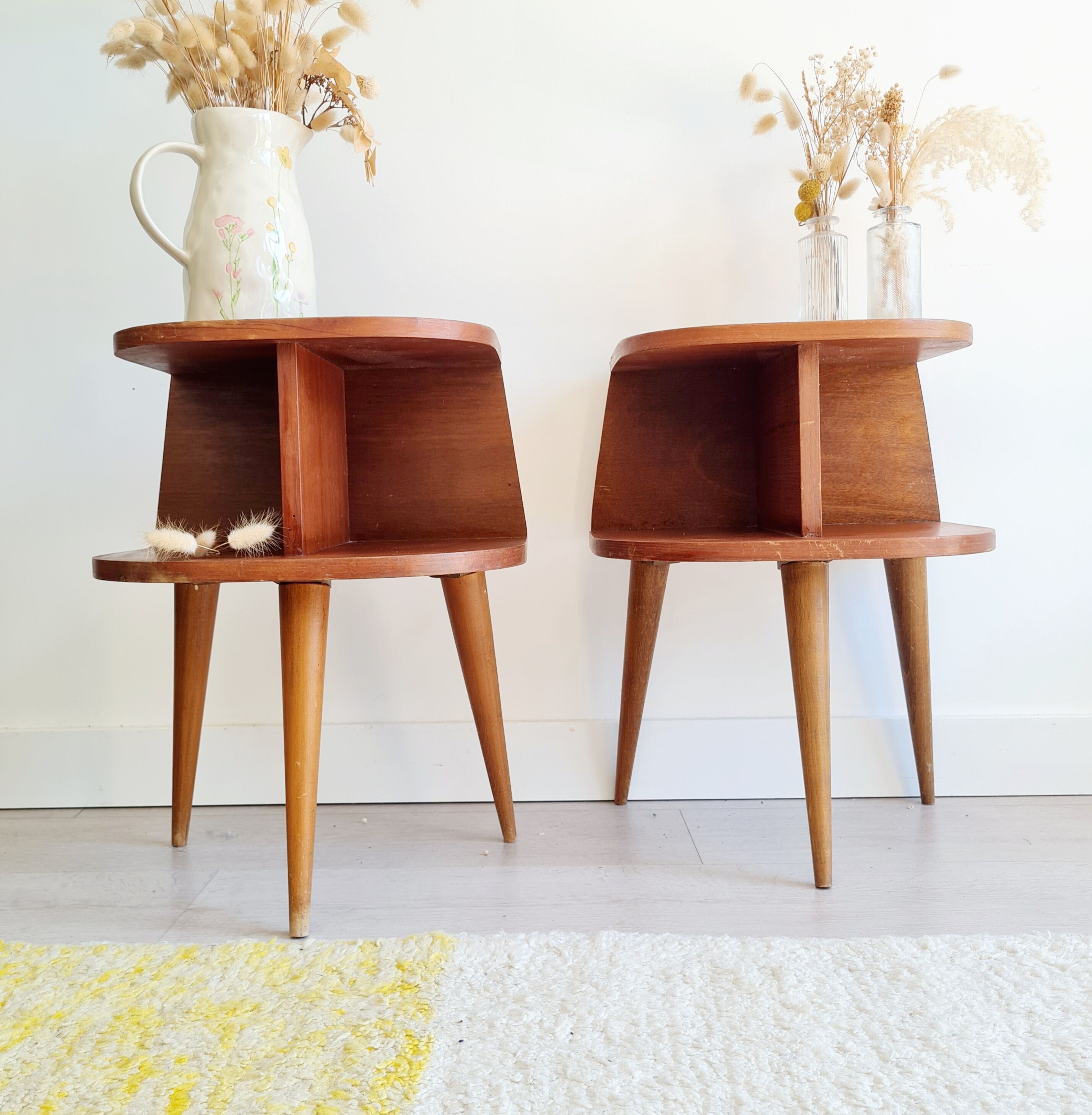 Pair of tripod bedside tables with compass feet