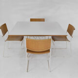 Minimalist Modernist dining set 4 wire chairs with maple wood and matching dining table,1980s