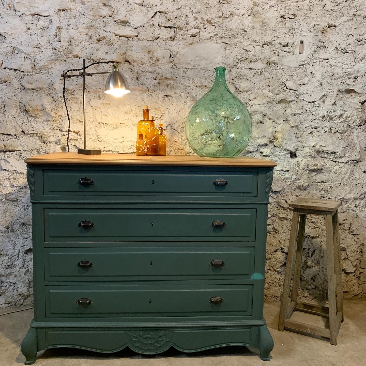 Old olive green oak chest of drawers