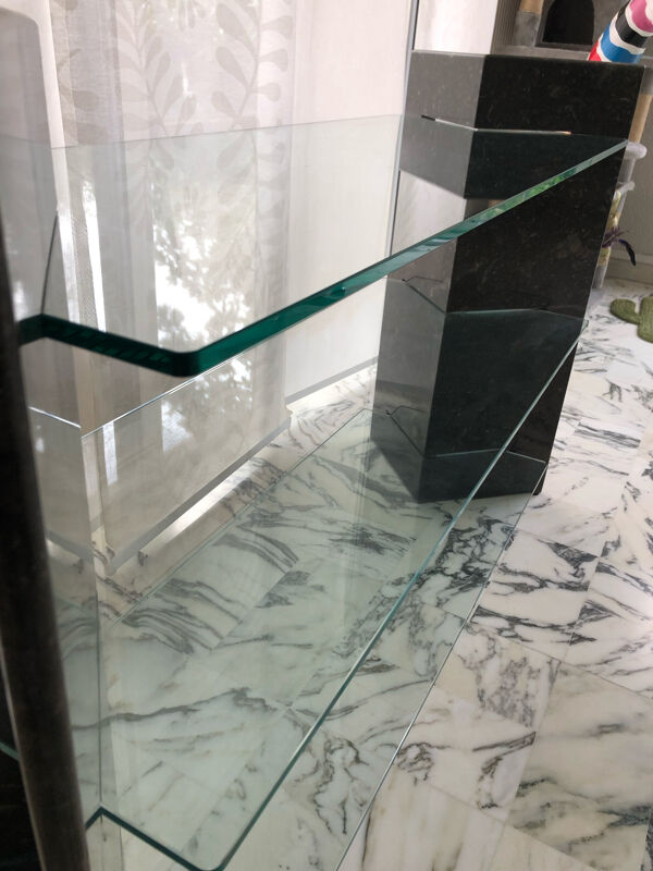 Console Roche Bobois en marbre noir veiné et verre, années 90