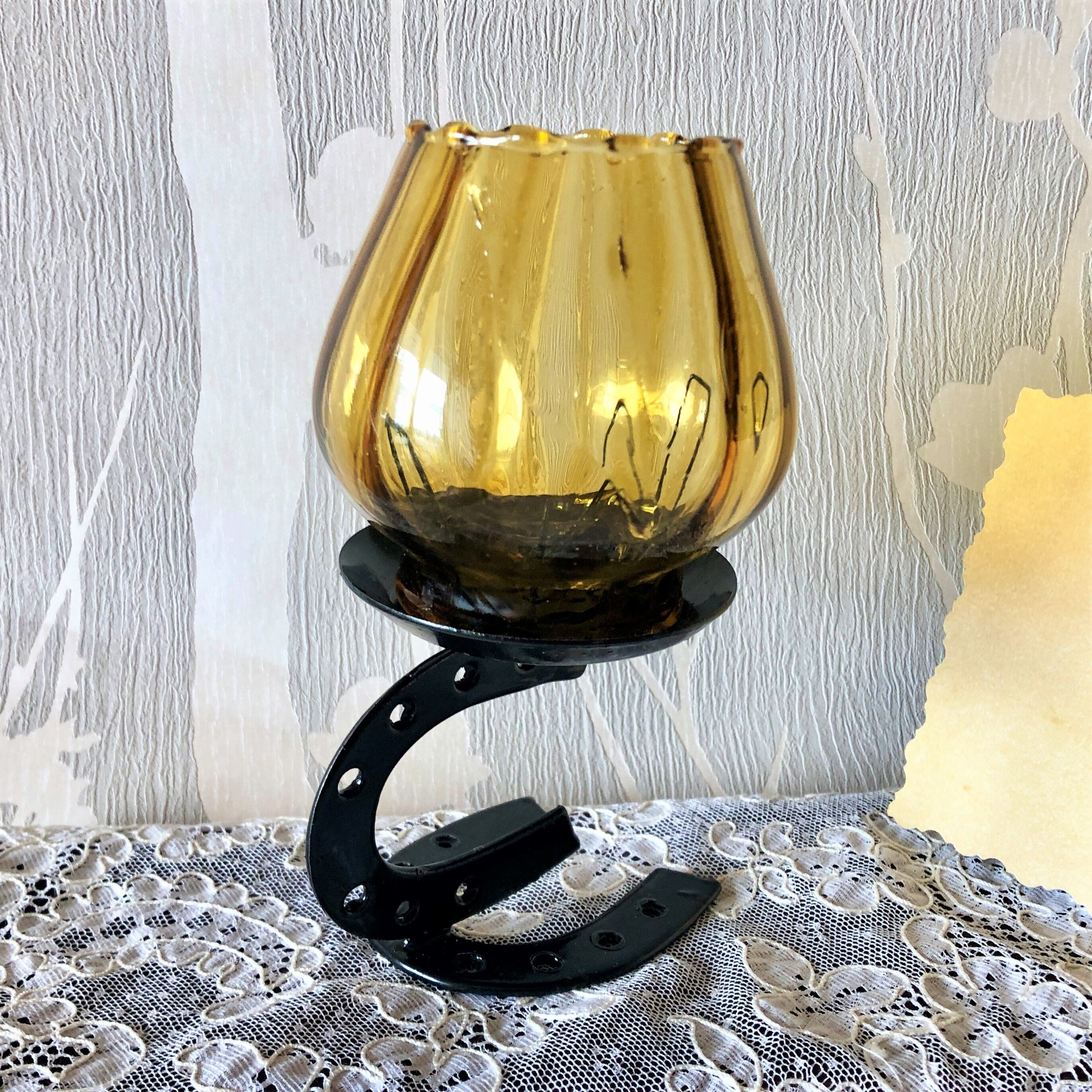 Candle holder photophore metal horseshoe and vintage amber glass
