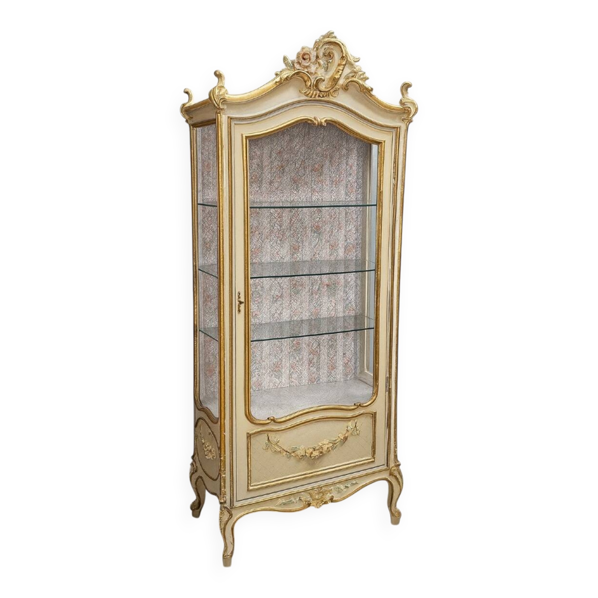 Louis XV / Rococo style display cabinet, painted wood in cream and gold tones.