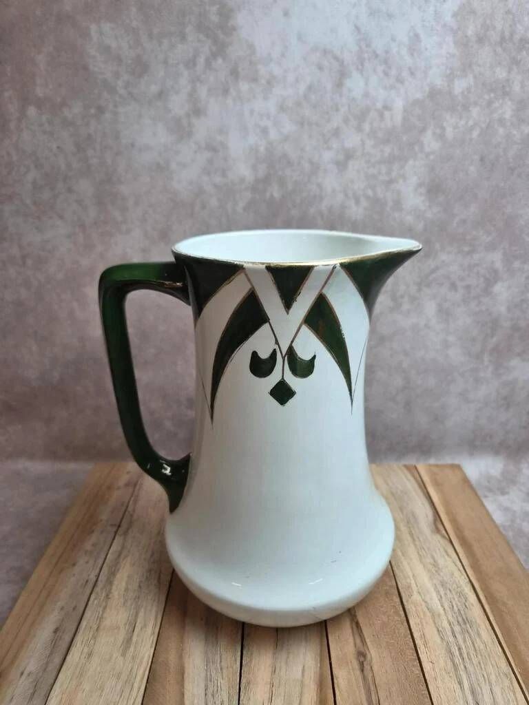 Vintage Art Deco toilet jug – Green and gold geometric design – Vintage vase