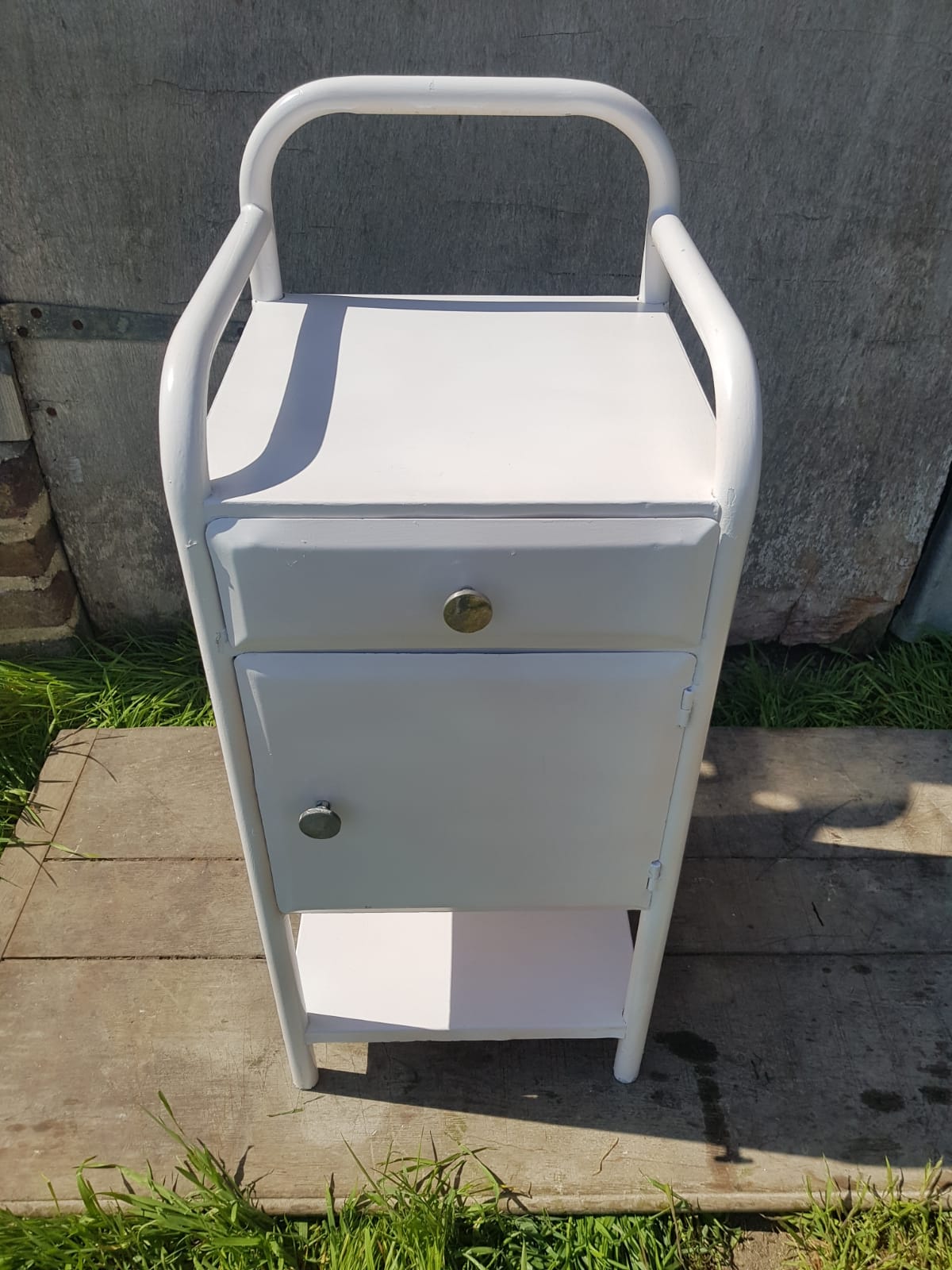 Pair Old Chevet Table De Nuit Internat Caisson - Vintage White Metal Drawer