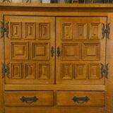 2-door, 2-drawer wardrobe in solid oak and wrought iron, rustic style, 1960s