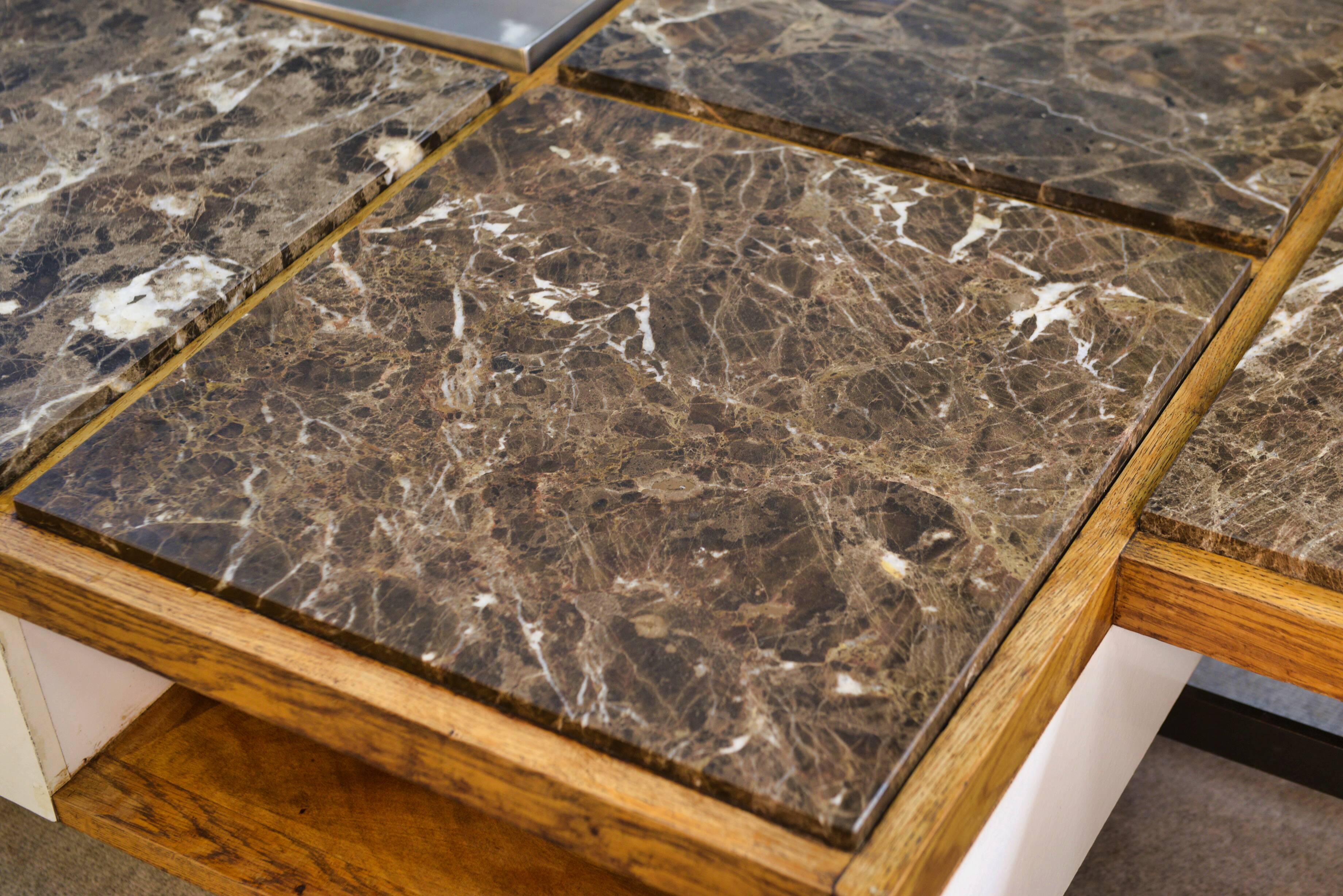 Coffee table with steel base and oak and grey marble frame, 1970s