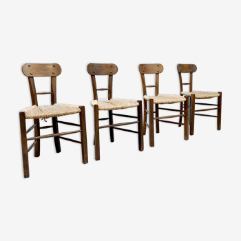 4 chaises de salle à manger en paille vintage