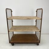 Vintage industrial iron and wood shelves on wheels
