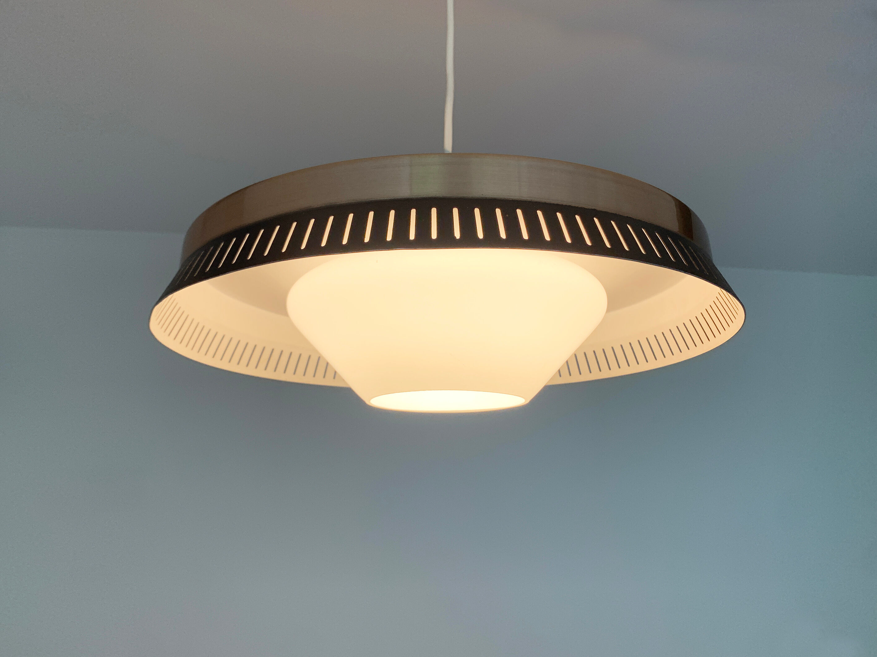 Scandinavian suspension lamp in copper and opaline glass, Bent Karlby for Lyfa, Denmark, 1960s