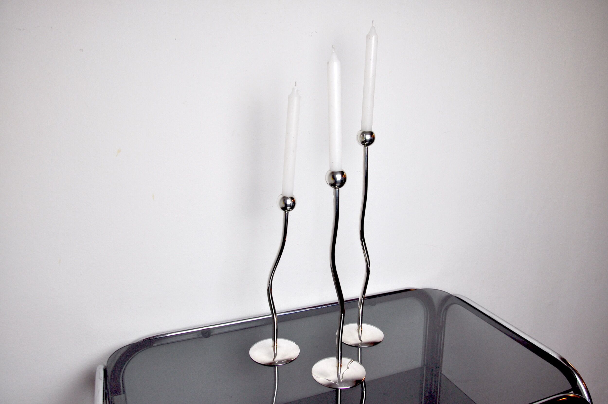 Trio of silver metal candle holders by Mesa, Italy, 1980