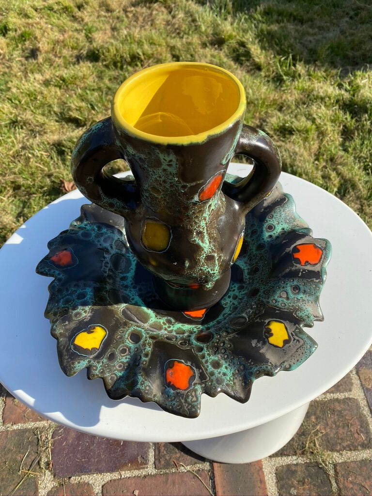 Vase and dish poet laval 1950/60 free form signed yvonne