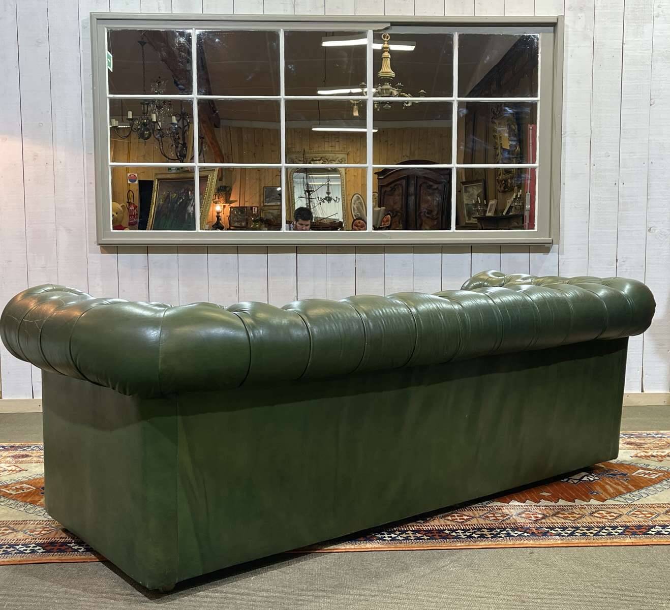 1970s Green Leather 3 Seater Chesterfield Sofa