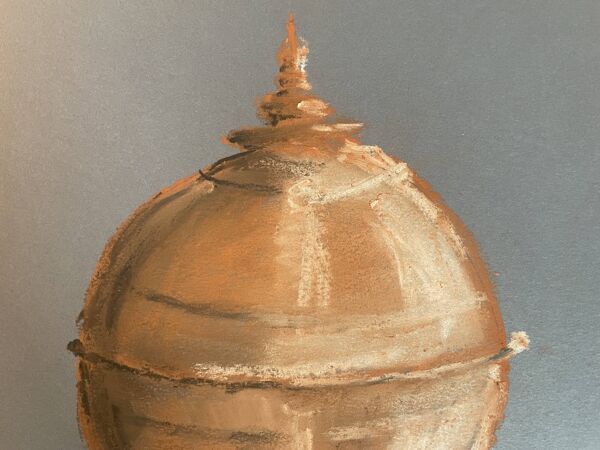 Tableau signé Pastel terracotta « bonbonnière terre cuite » papier indigo