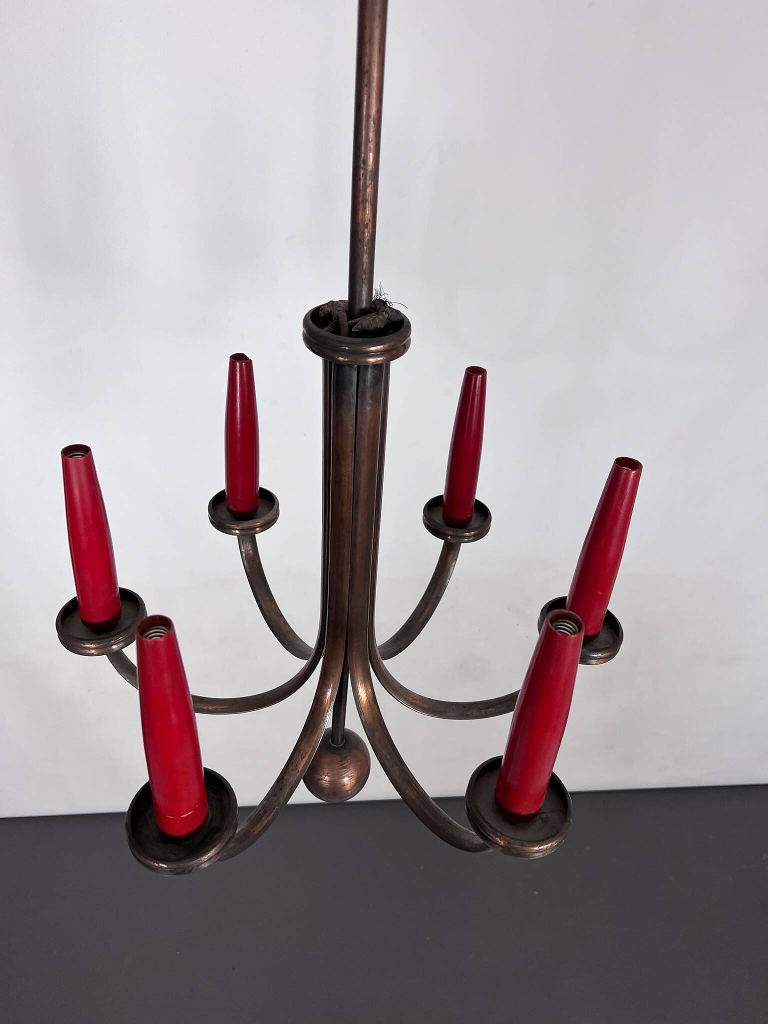 Mid-Century Modern six arms copper chandelier in Gio Ponti style. Italy 195