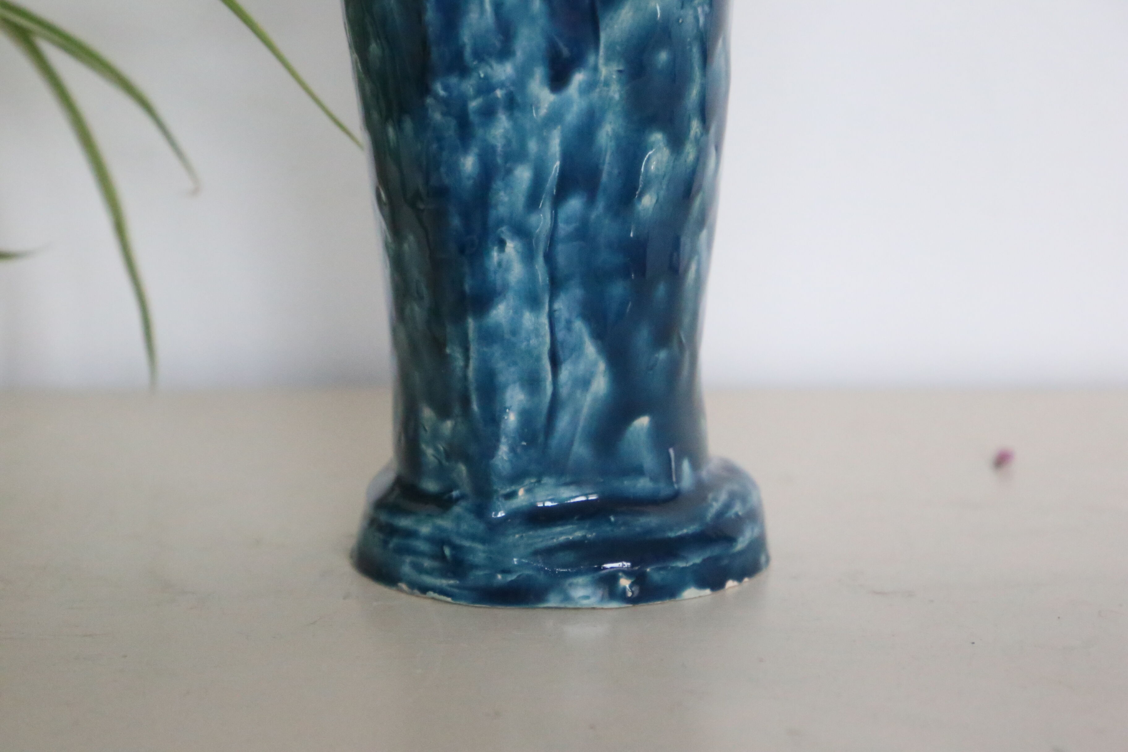 Handmade ceramic vase, glazed blue and yellow, vintage