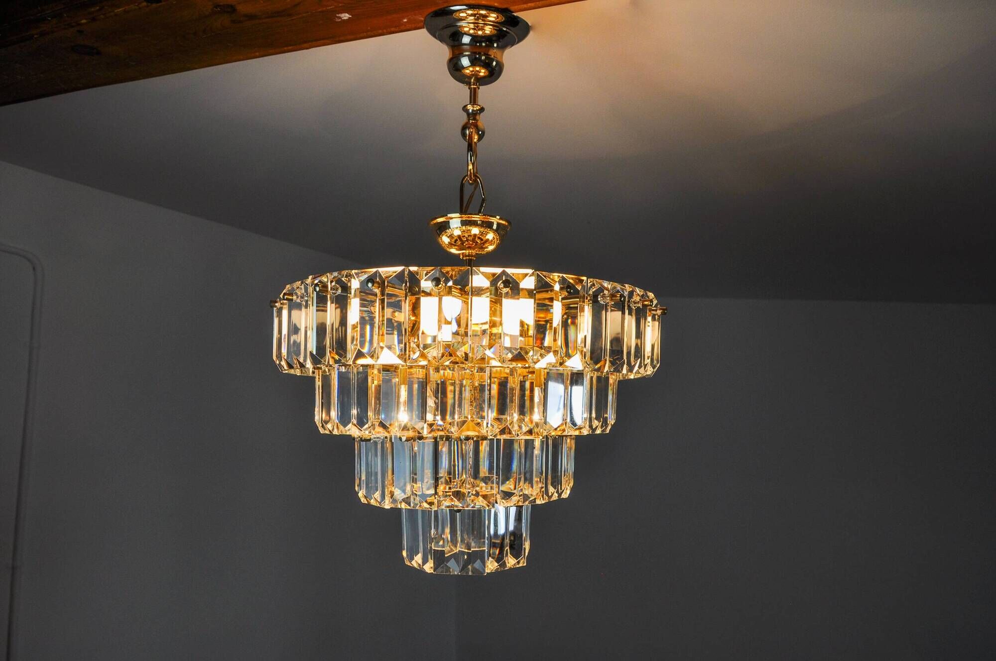 Kinkeldey chandelier, gold, cut glass, 4 levels, Germany, 1970