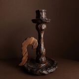 Brutalist carved wood candle holder, dark brown with lighter highlights, made in Italy, 1940s