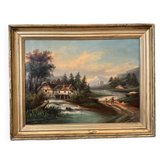 Oil on canvas landscape by a river and mountains in the distance, late 19th century