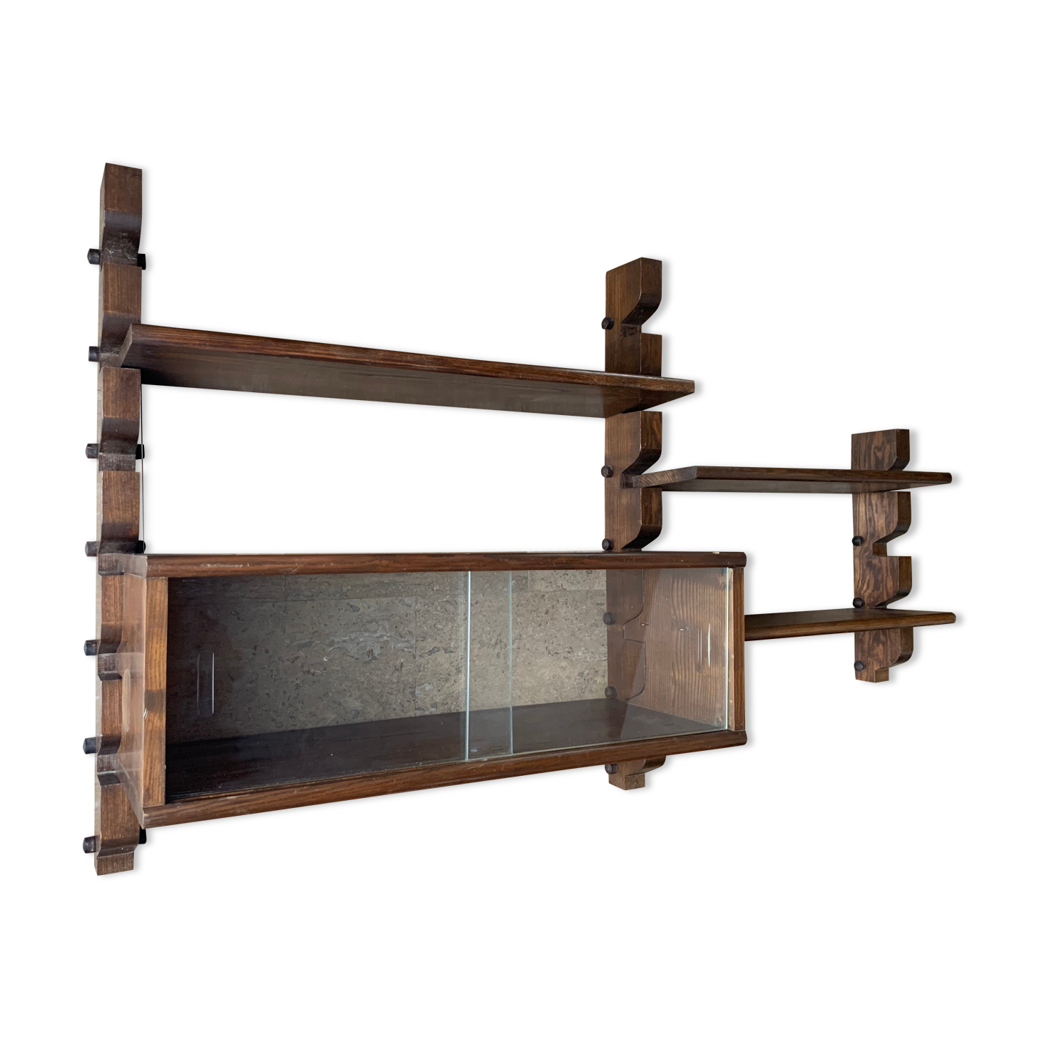 Wooden wall shelves with display case, 1950s
