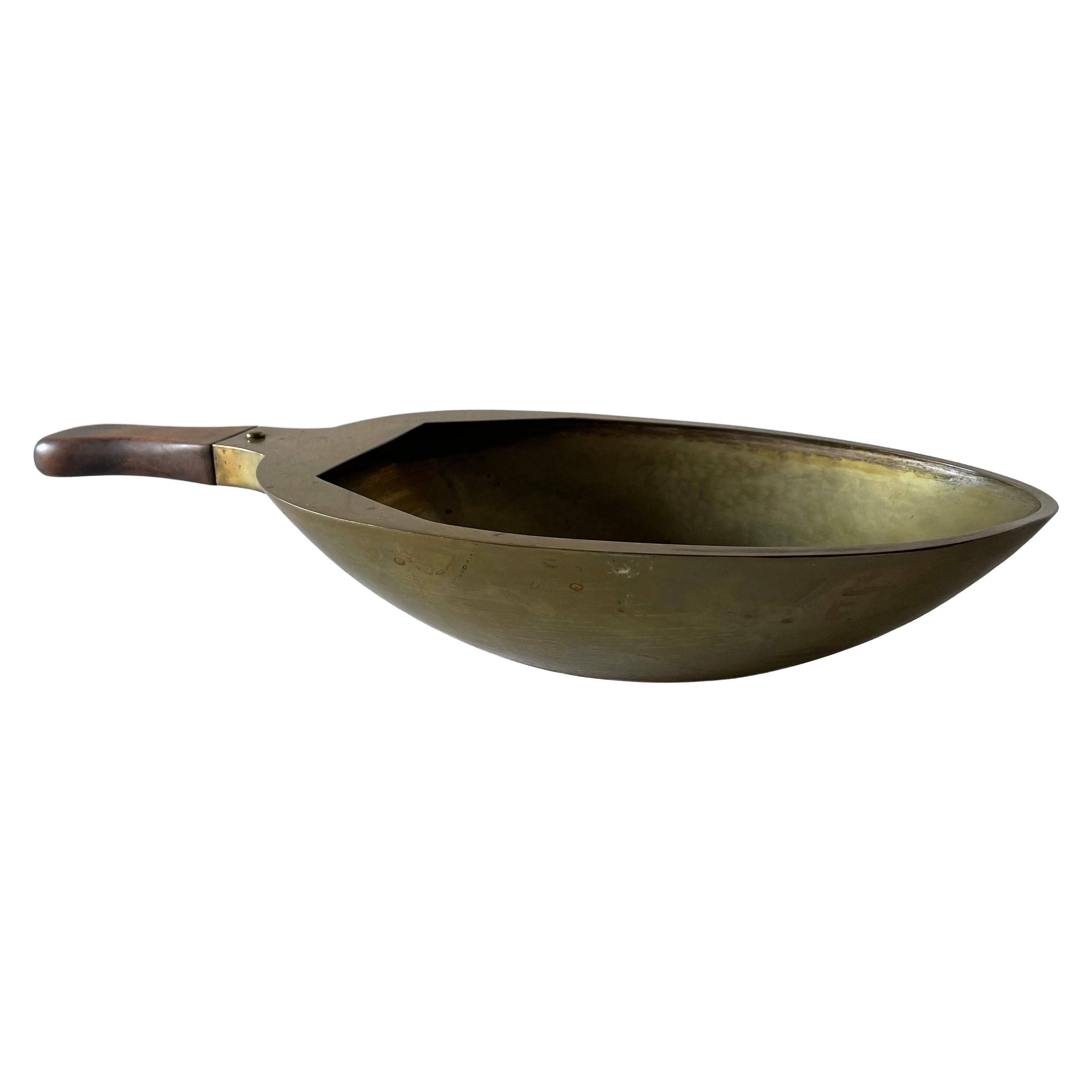 Decorative brass bowl with wooden handle, 1970s, Turin, Italy.