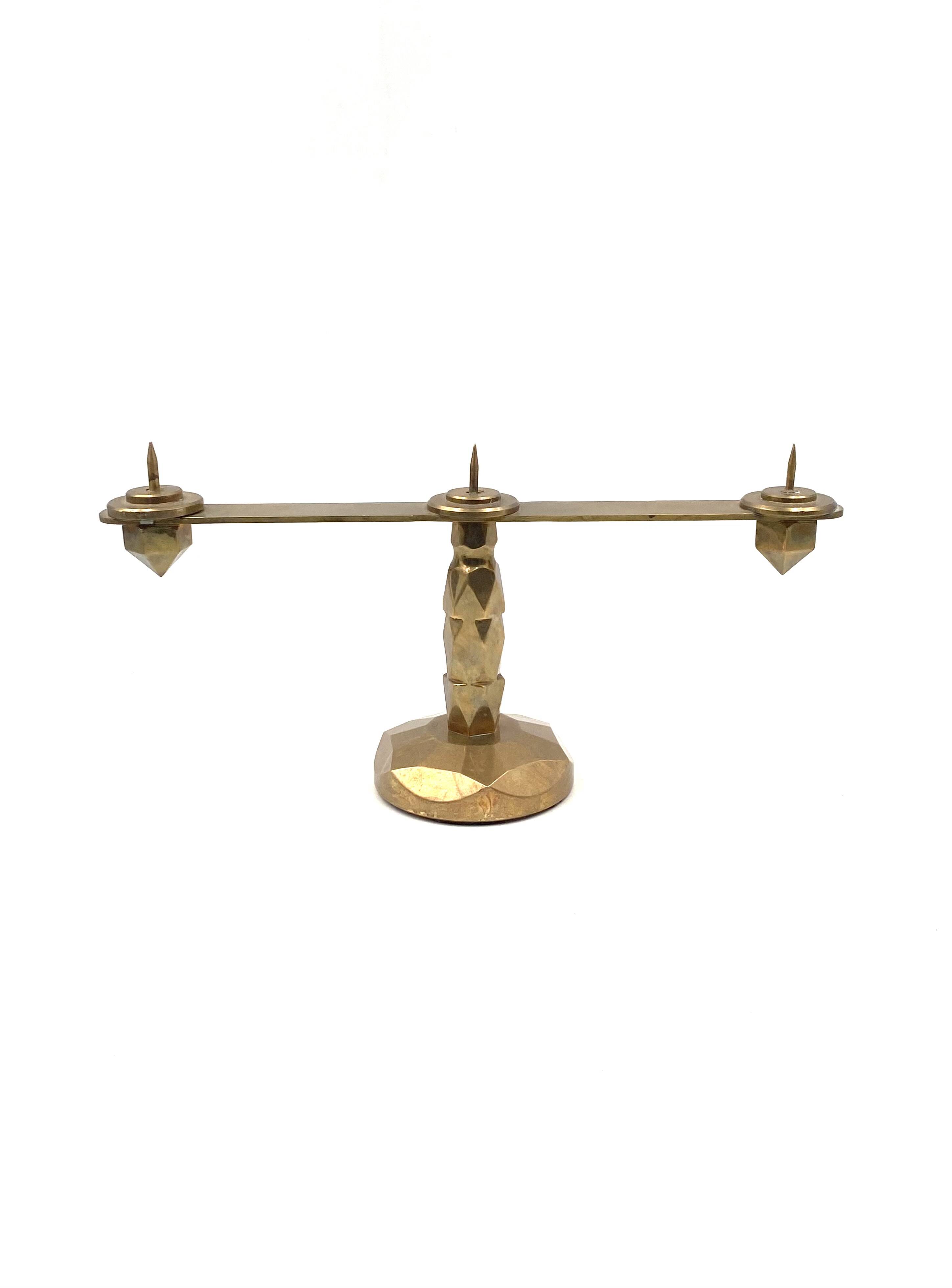 Brutalist brass pair of candle holders, France 1970