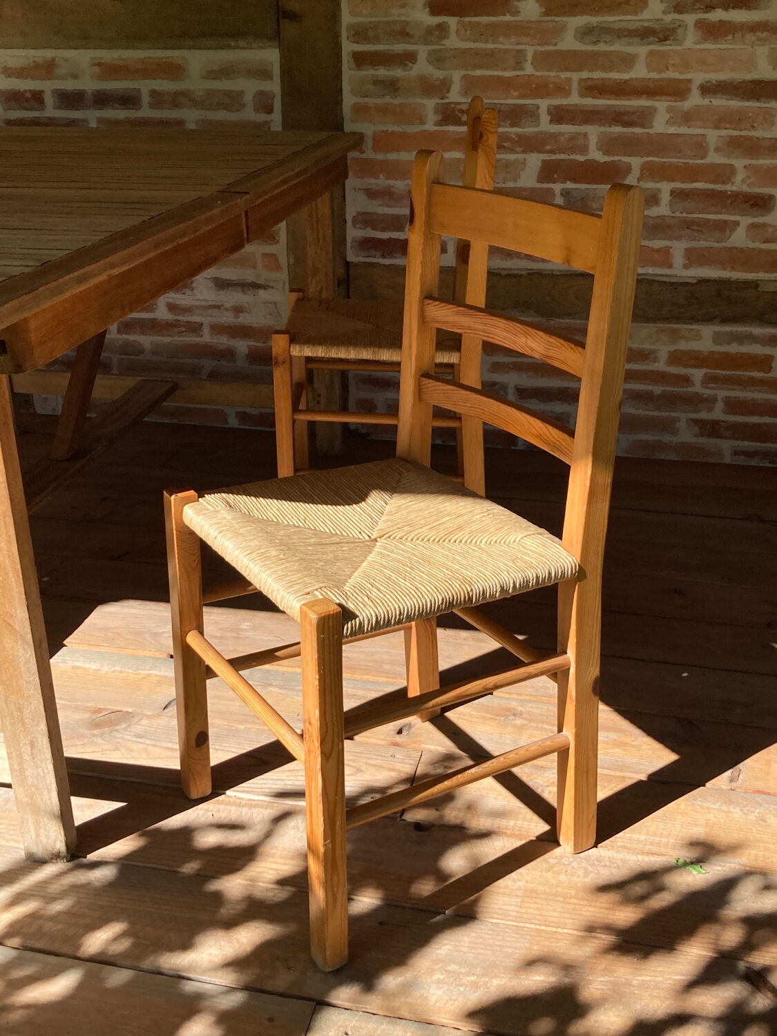 4 straw chairs in vintage pine wood 1980 1990