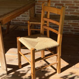 4 straw chairs in vintage pine wood 1980 1990