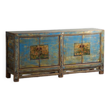 Ancien buffet d’entrée en bois dans les tons bleu et jaune (vers 1920).