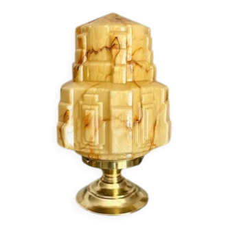 Imposante lampe Art Déco Building en opaline jaune marbrée