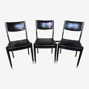 Serie de 3 chaises scandinave bois pieds compas & skai noir vintage #a033