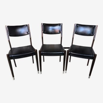 Set of 3 Scandinavian wooden chairs with compass feet & vintage black skai #a033