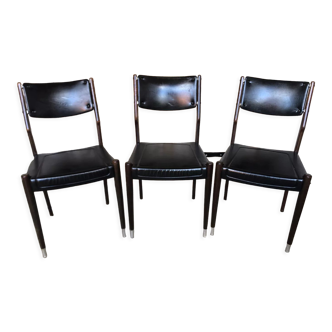 Serie de 3 chaises scandinave bois pieds compas & skai noir vintage #a033