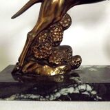 Vintage french art deco gazelle lamp black marble base round glass shade 3956