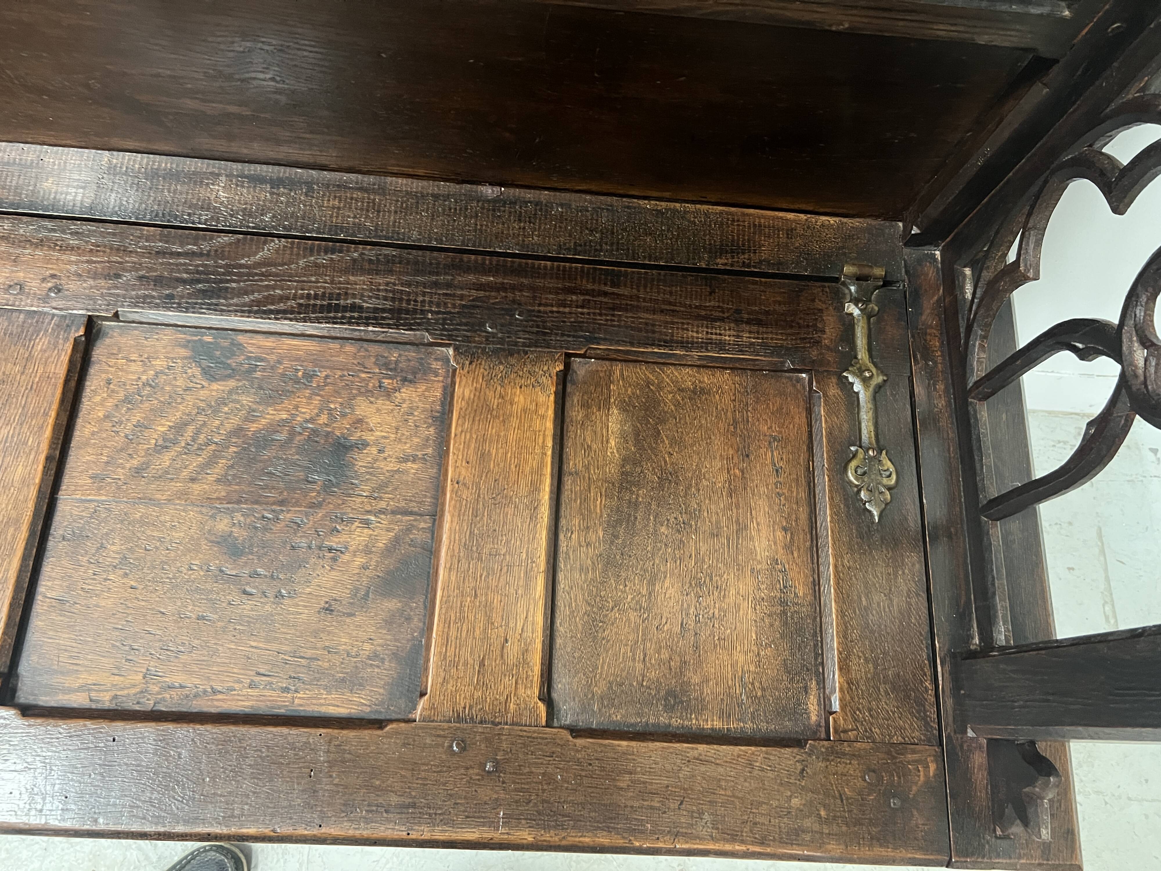 Gothic style carved oak chest bench, 19th century