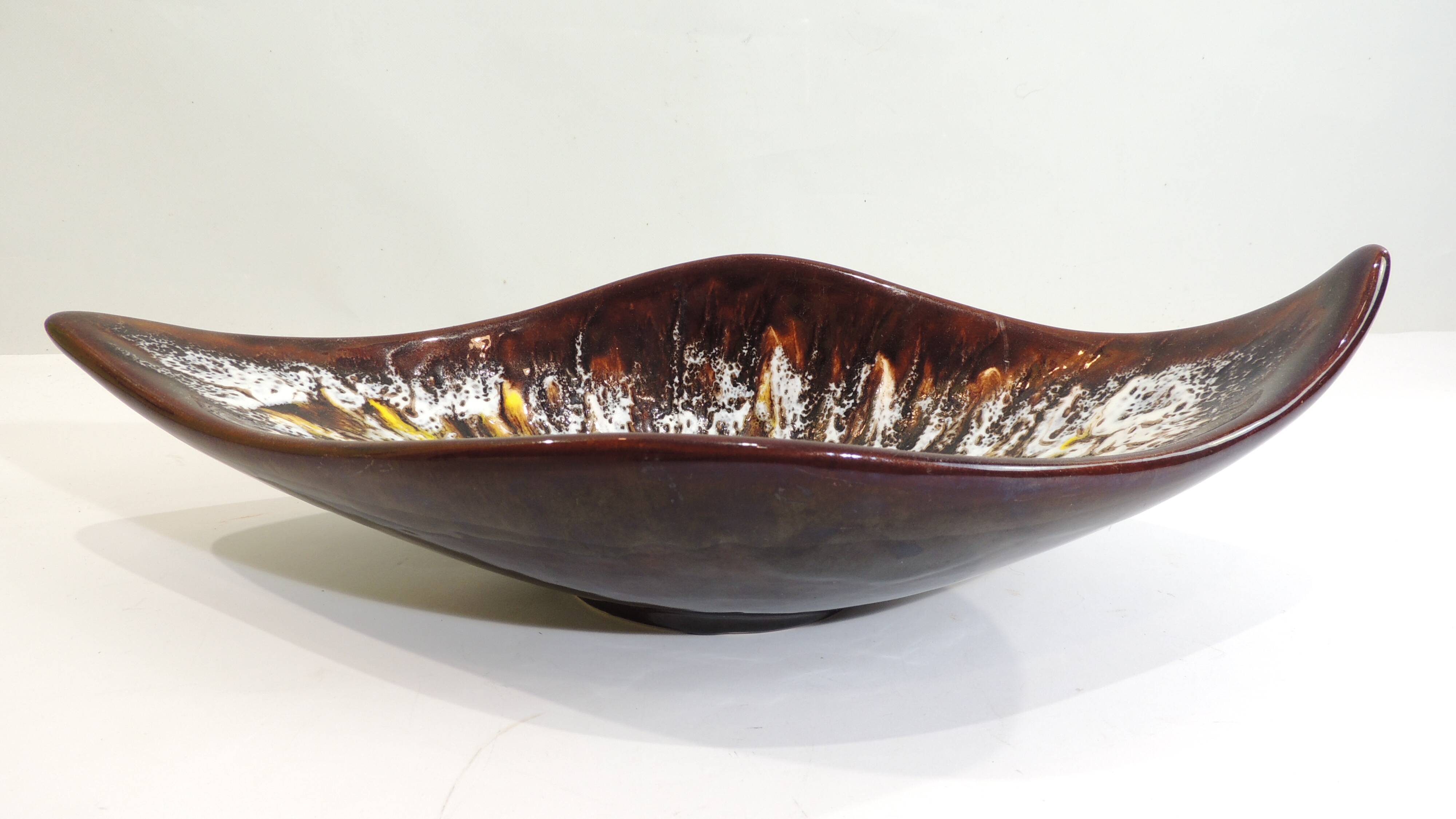 Vintage decorative dish in brown and yellow glazed ceramic from the 70s