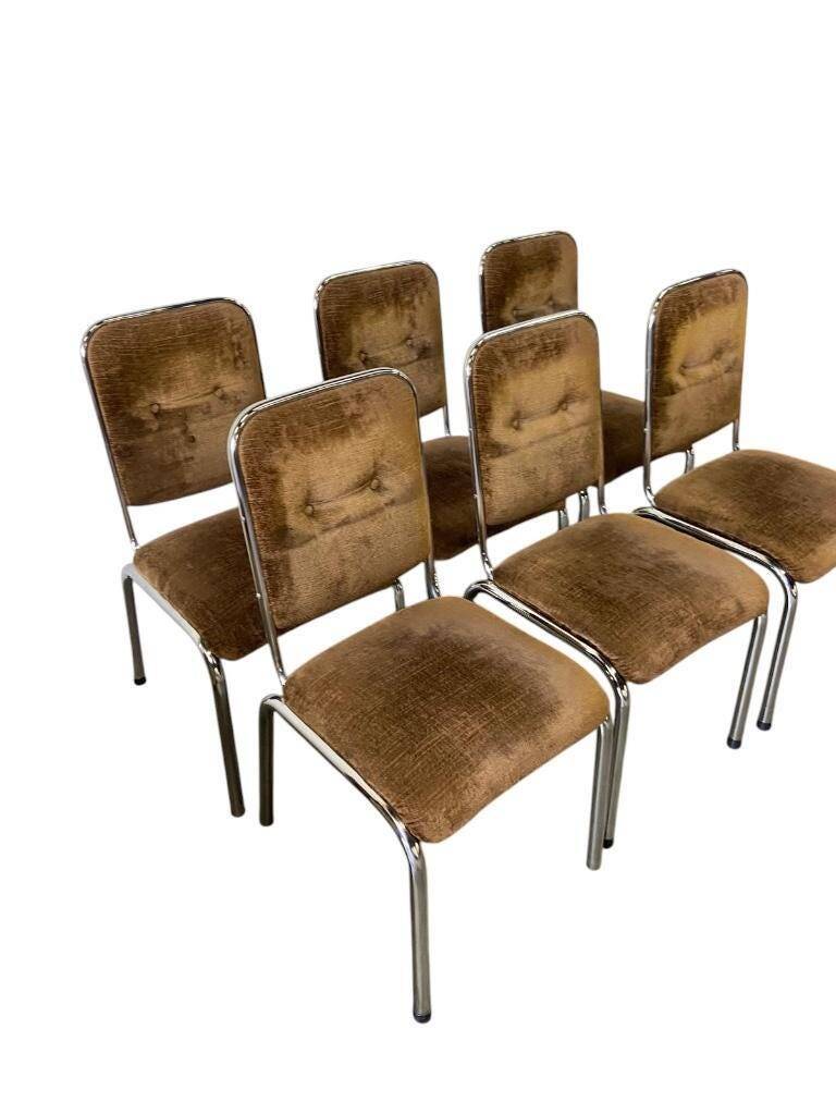 Set of 6 vintage chrome chairs with brown seats
