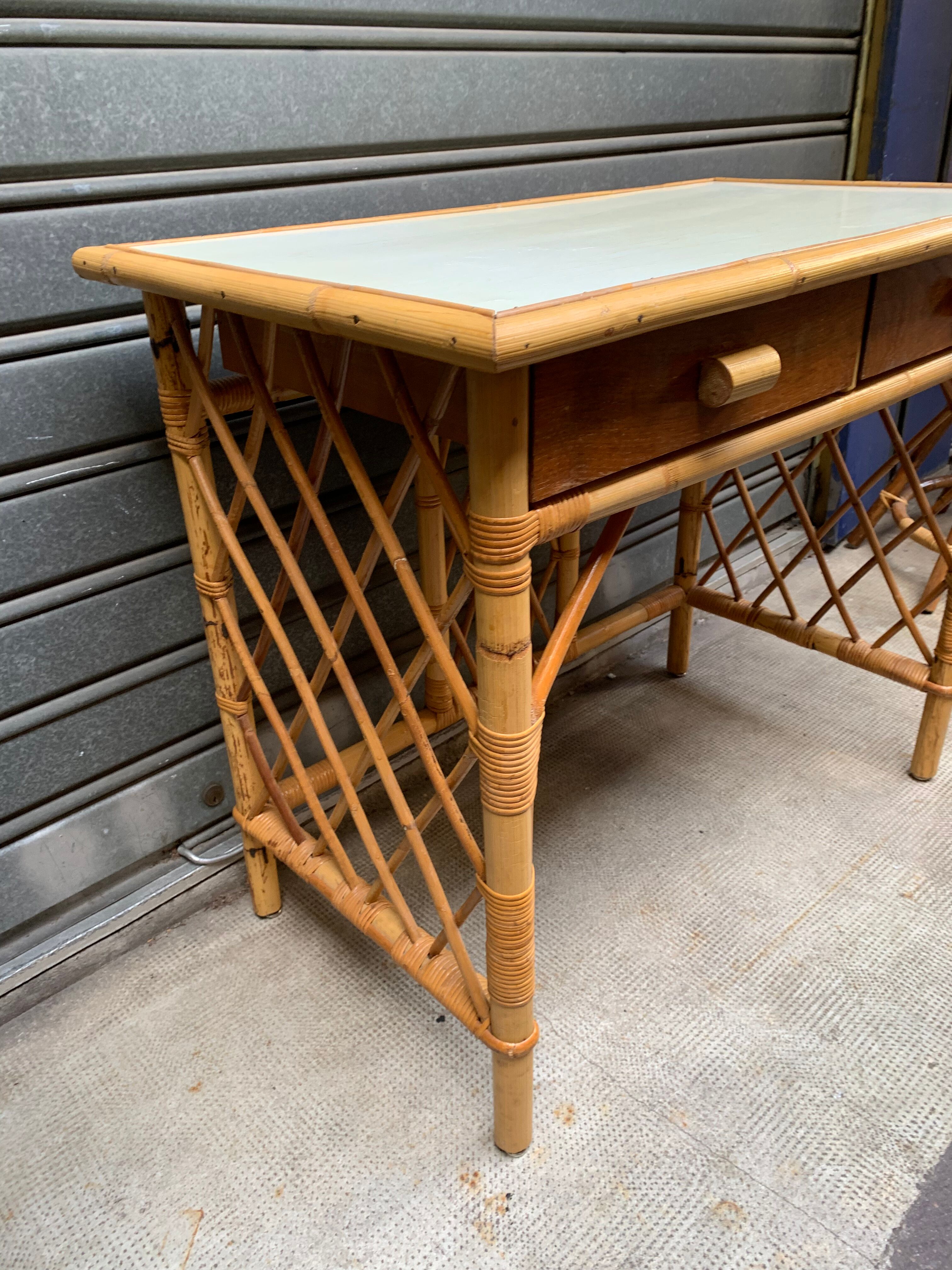 Flat desk in rattan and formica 1970s'