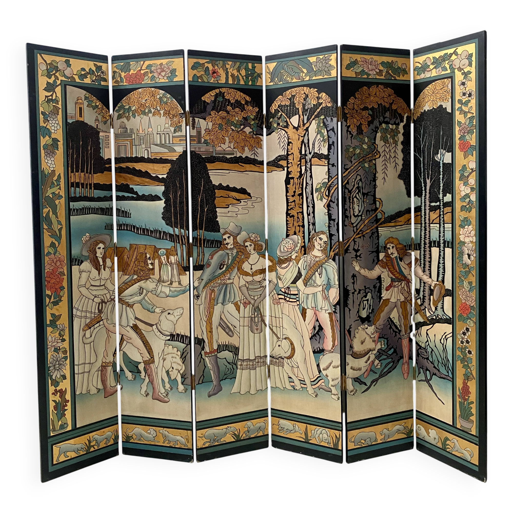Six-panel painted screen, 20th century