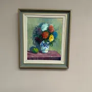 Original Swedish Oil on Canvas – “Asters in a Ceramic Vase” by Eric Lundgren – Signed – Vintage and Framed – 60 × 54 cm (23.6" × 21.3")