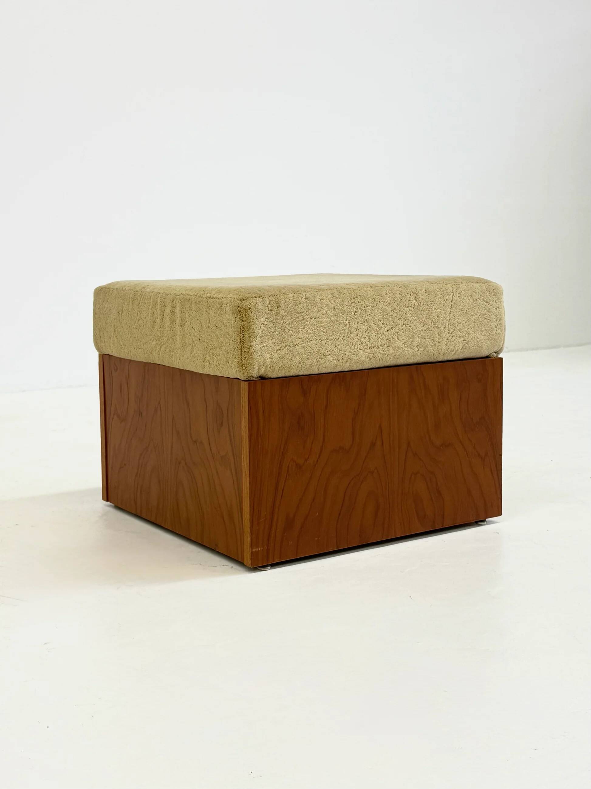 Vintage mid-century beige armchair with wooden frame and ottoman